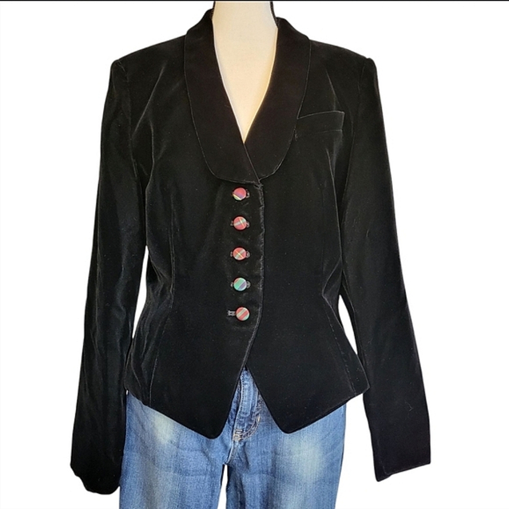 Vintage Black Velvet Dark Romance Blazer Plaid Taffeta Women's 8